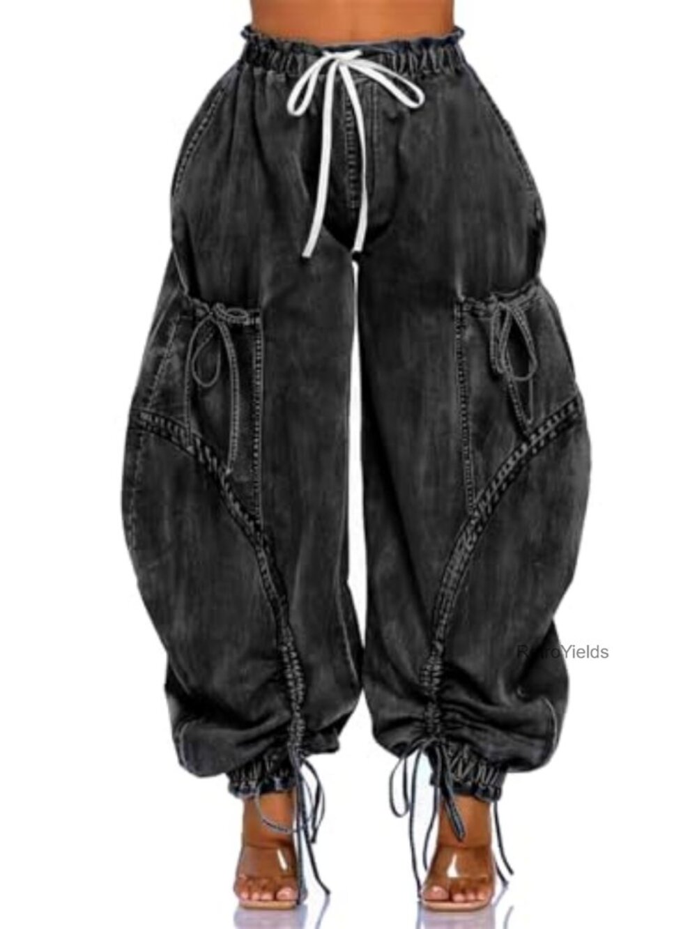 High Waisted Wide Leg Cargo Jeans Drawstring Elastic Waist Pockets